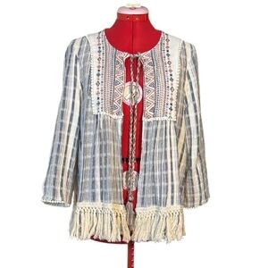 Knox Rose Navy and Cream Fringe Open Lightweight Cardigan  Top Size Large